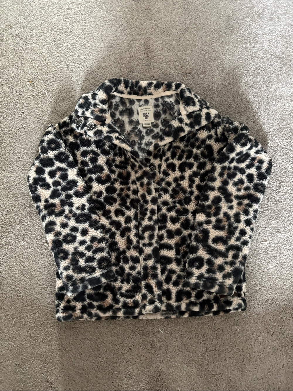 Billabong Girls Leopard Print Plush Puffer Jacket - Black & Cream